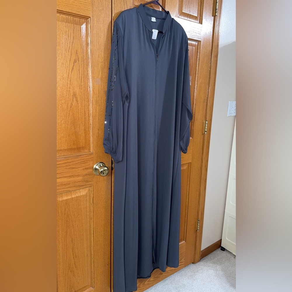 Abaya Plus Size 10 (4X-5X) Dark Gray Beaded Pearl Long Sleeves Maxi Dress NEW